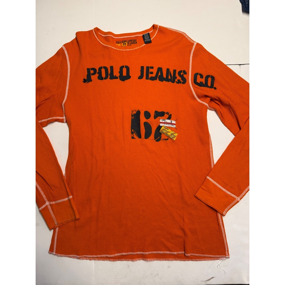 Y2K Polo Jeans Co Ralph Lauren Thermal Shirt Orange Waffle Knit RARE Graphic Lrg